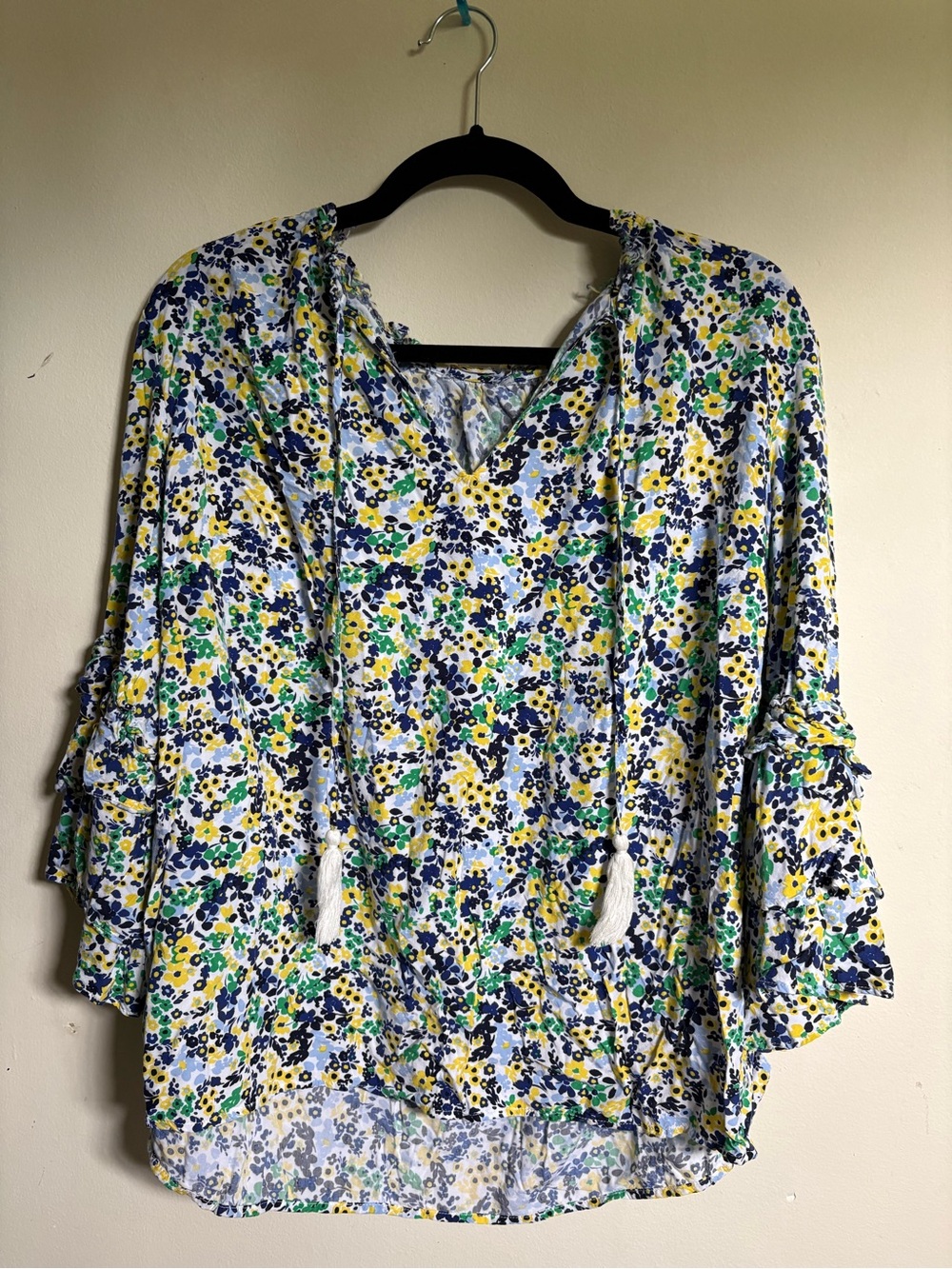 Women’s Floral V-Neck Tie-Front Blouse in White, Yellow & Blue